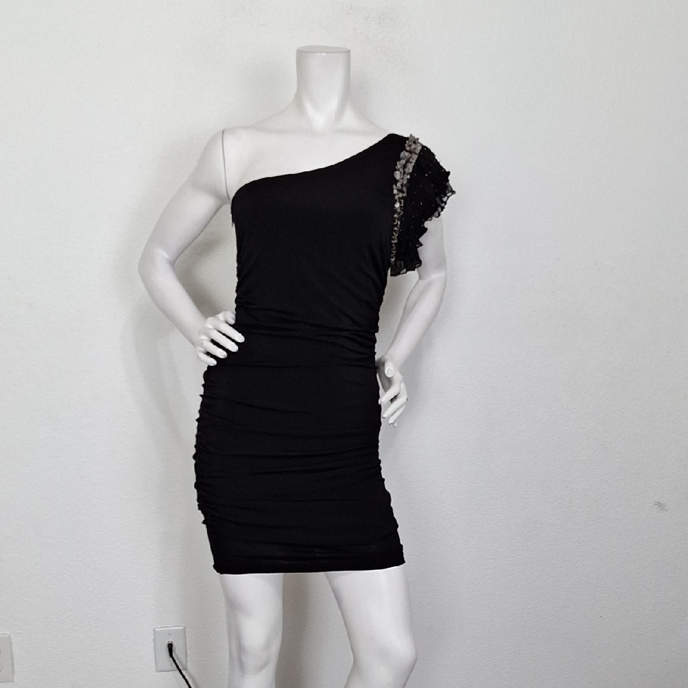 NIKIBIKI One-Shoulder Black Ruched Embellished Party Night Out Mini Dress Size L